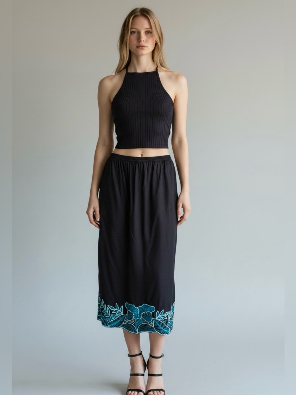 80s 90s Black Embroidered Turquoise Floral Cut Work Midi Skirt | M L
